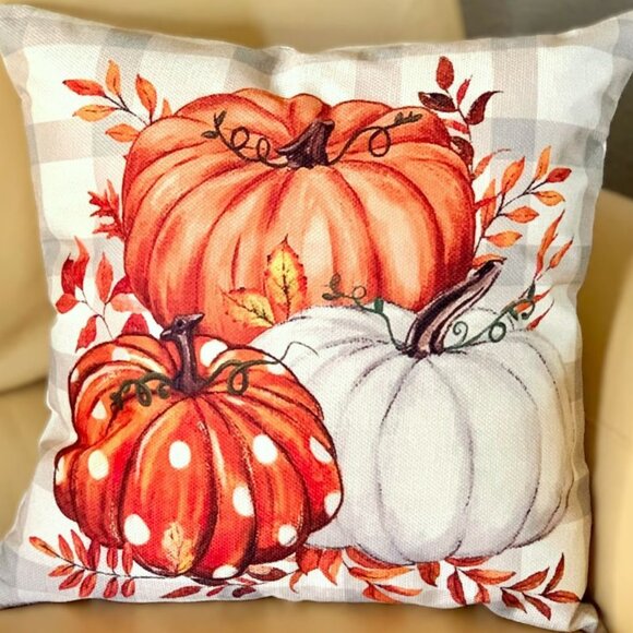 Set/2 18" Fall Autumn Vibrant Multicolor Pumpkin Trio Throw Pillow Covers New - Picture 1 of 4